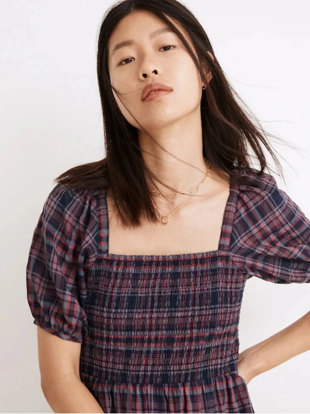 Madewell Lucie Puff-Sleeve Smocked Mini Dress in Rockfern Plaid Size M - Picture 3 of 8